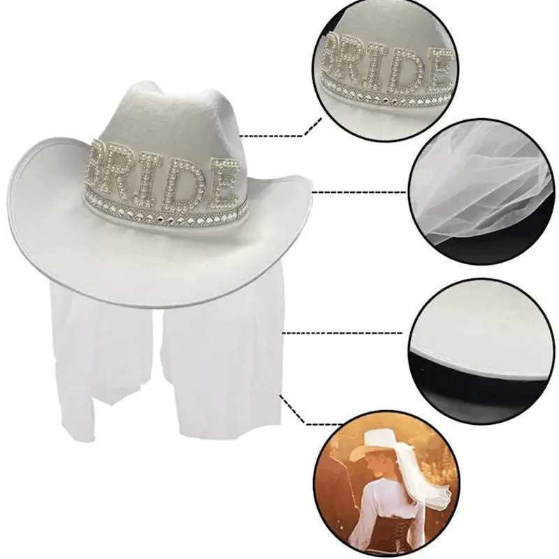 Bridal Pearl Veil Cowboy Hat Country West Space Disco Bridal Cowboy Girl C Wedding Singles Party Shower Decoration Gift W241225