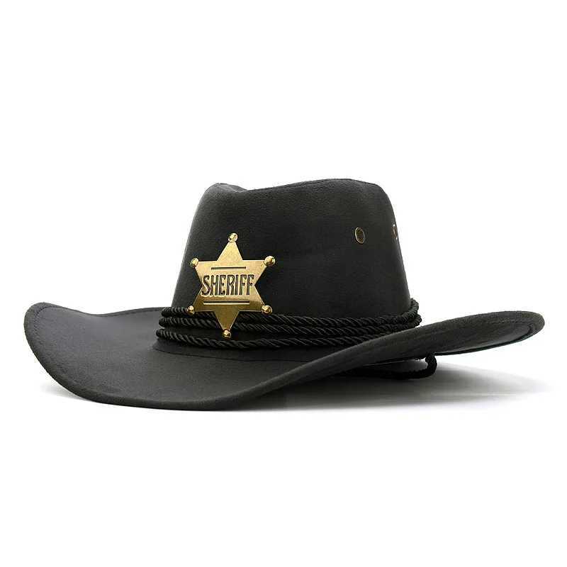 INS unisex womens imitation suede hexagonal star sheriff wide Brim sunny C beach denim cowboy Western hat W241225