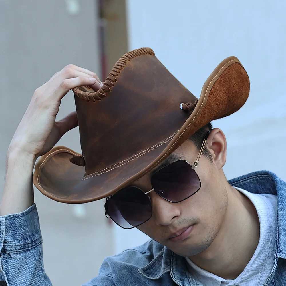 Genuine leather mens Western cowboy hat vintage C handmade suit durable large 60CM outer back hat W241225