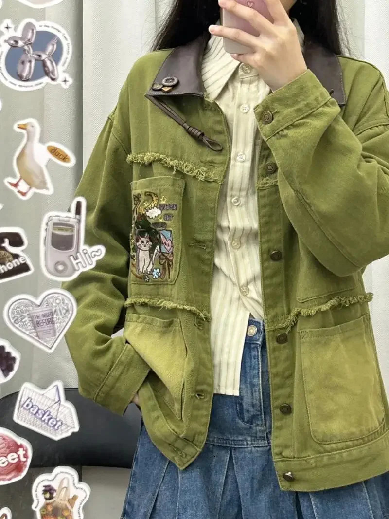 Y2k Green y Plus Size Denim Jacket Womens Spring and Autumn n Sense Baseball Uniform Sports Trend 241218
