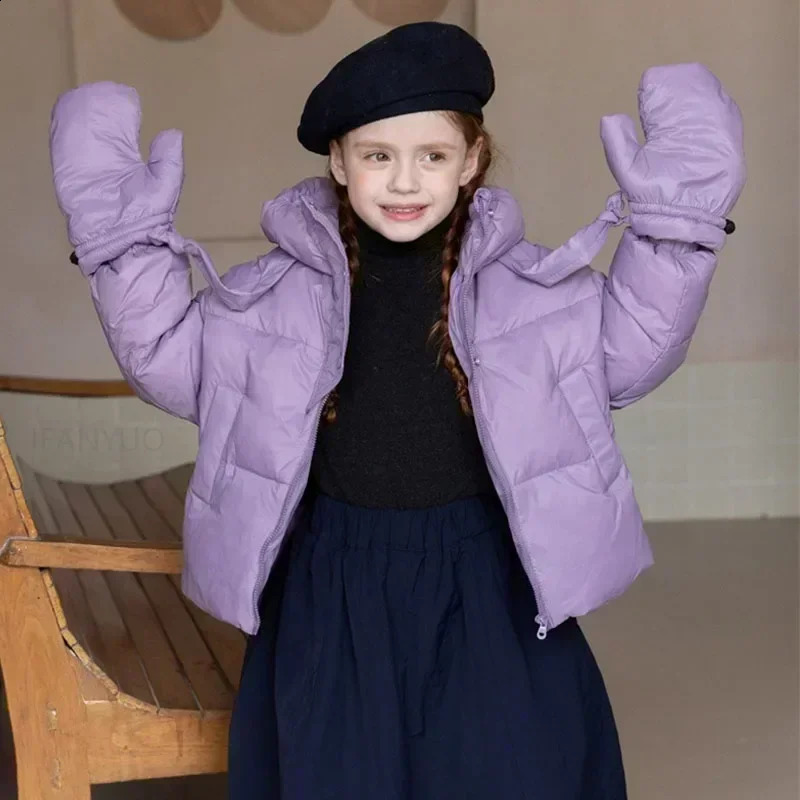 Winter Children White Duck Down Jacket Gloved Korean Solid Color Toddler Warm Windproof Outerwear Versatile Boys Girls Coats 241225