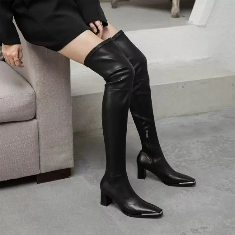 Winter High Boots Chelsea Chunky Platform Over The Knee Women Boots Pumps Square Toe Fashion Goth Women Shoes 241226