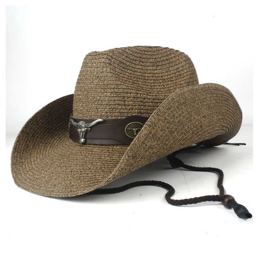 2019 Summer Str Mens Black Western Cowboy Hat Wide Brim Hat Outdoor Sombrero Hombre Cowboy Hat W241225
