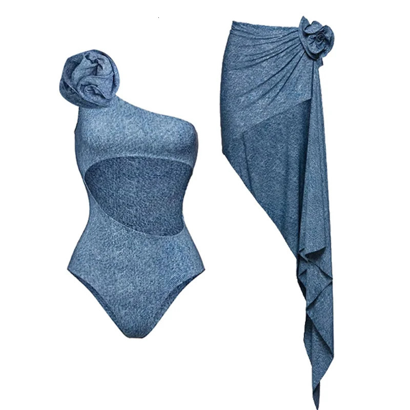 Denim Printed One Piece Swimsuit and Skirt for Women 2025 One Shoulder Swimwear Female 3D Flower Beach Wear Bathing Suit 241225