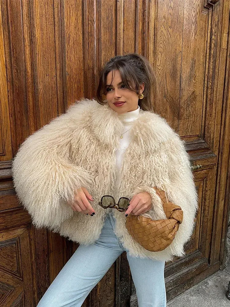 Women Elegant Solid Plush Faux Fur Short Coats Fashion Lapel Full Sleeves Thick Jacket Autumn 2024 Winter Female Casual Outwear 241223