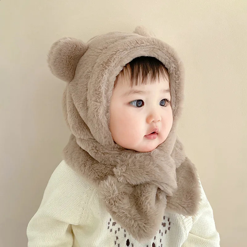 Winter Baby Hat Scarf OnePiece Faux Fur Kids Hats Cartoon Bear Warm Neck Ear Cap for Boys Girls Windproof Beanies Infant Stuffs 241225