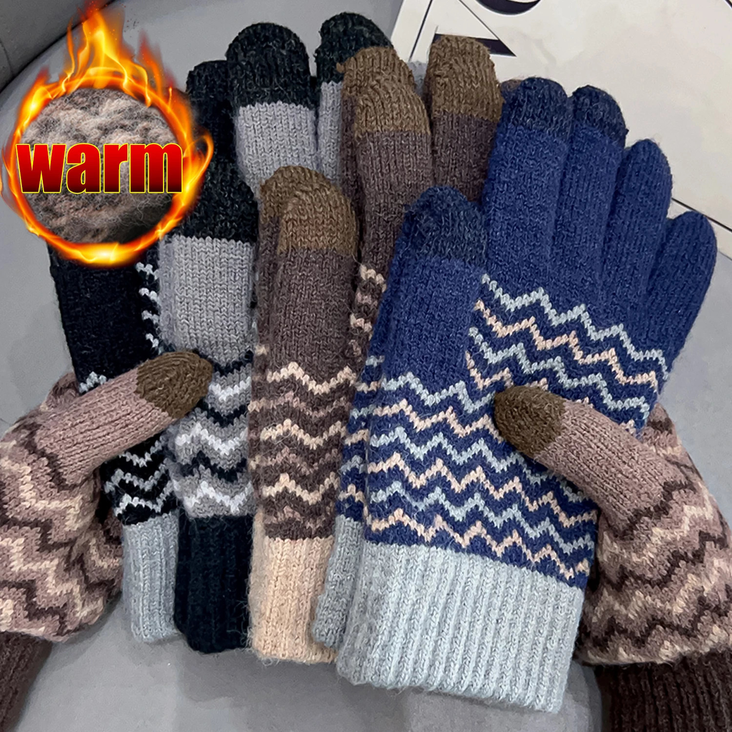 Winter Plush Knitted Warm Gloves Children and Adults Outdoor Cycling Padded Fivefinger Touchscreen 241225