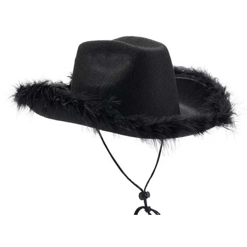Fashionable Western Womens Cowboy Hat Fluffy Feather Brim Cowboy Girl Cs Halloween Carnival Singles Party Role Playing Cowboy Hat W241225