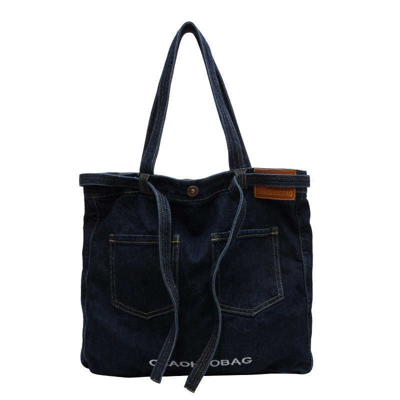 Denim Bag Fashion Embroidered Letter Shoulder Bag Double Pocket Large Capacity Women's Bag Big Tote Bag Trendy 241215
