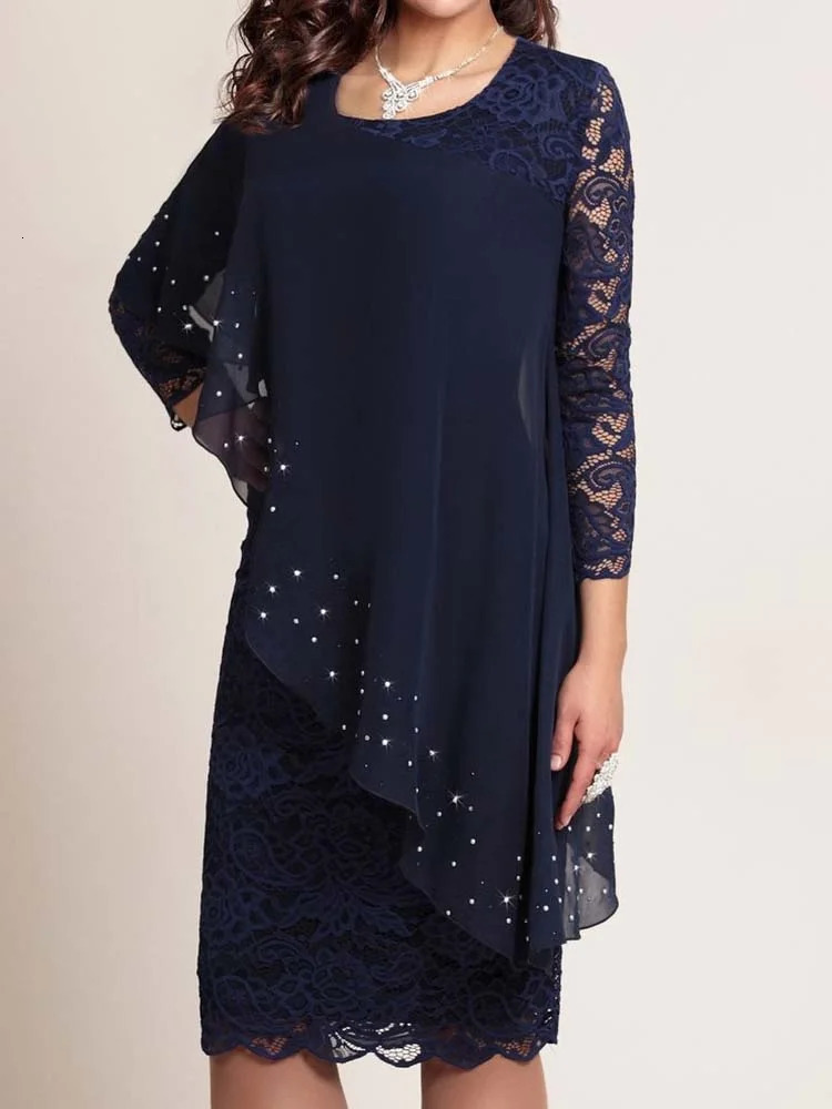 Womens Plus Size Year Knitted Dresses Mesh Lace Long Sleeve Stitching Evening false Two-piece Chiffon Dress 90s 241225