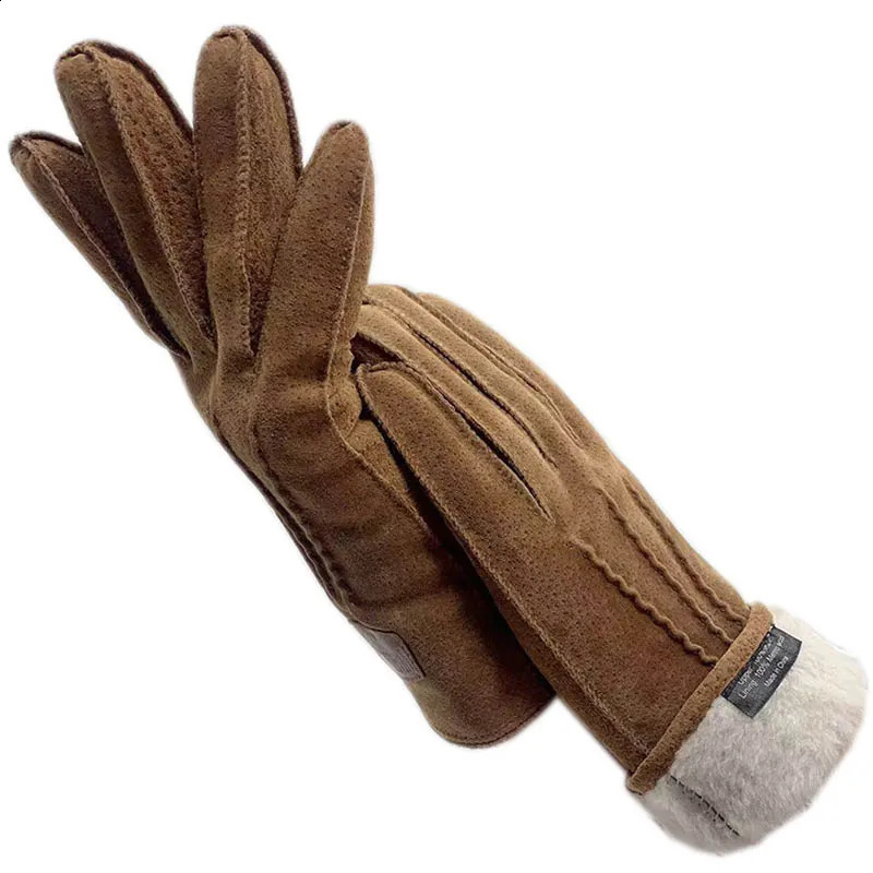 Winter Mens and Womens Fashion Leather Gloves Light Brown Leather Genuine Hair Machine Sewing Womens Leather Gloves 241226