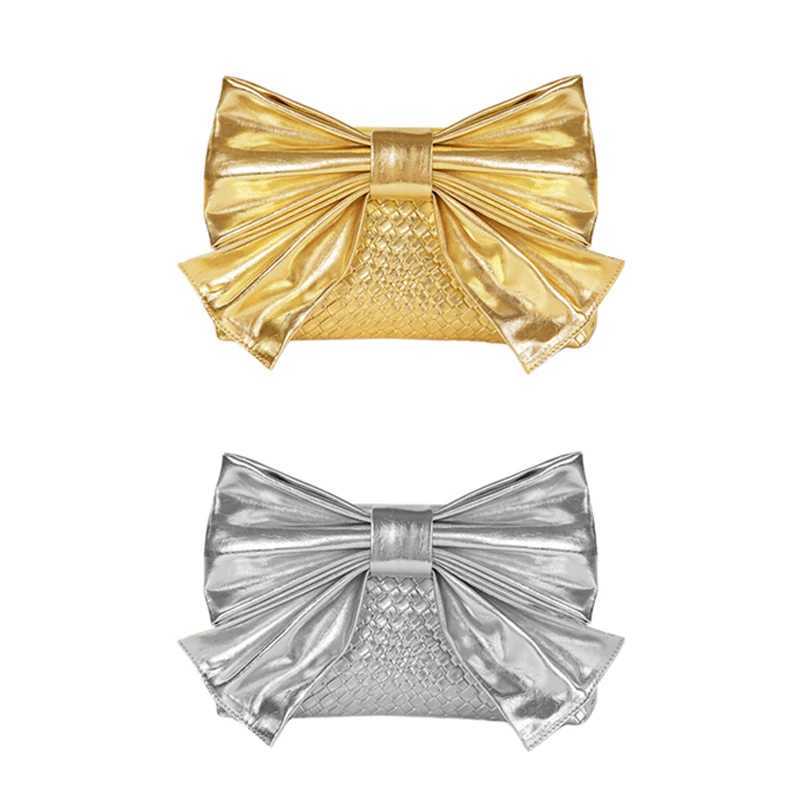 High Quality Luxury gold and silver leather handbag for women sweet PU bow knot clutch metal chain wallet for women elegant wedding party cross body b