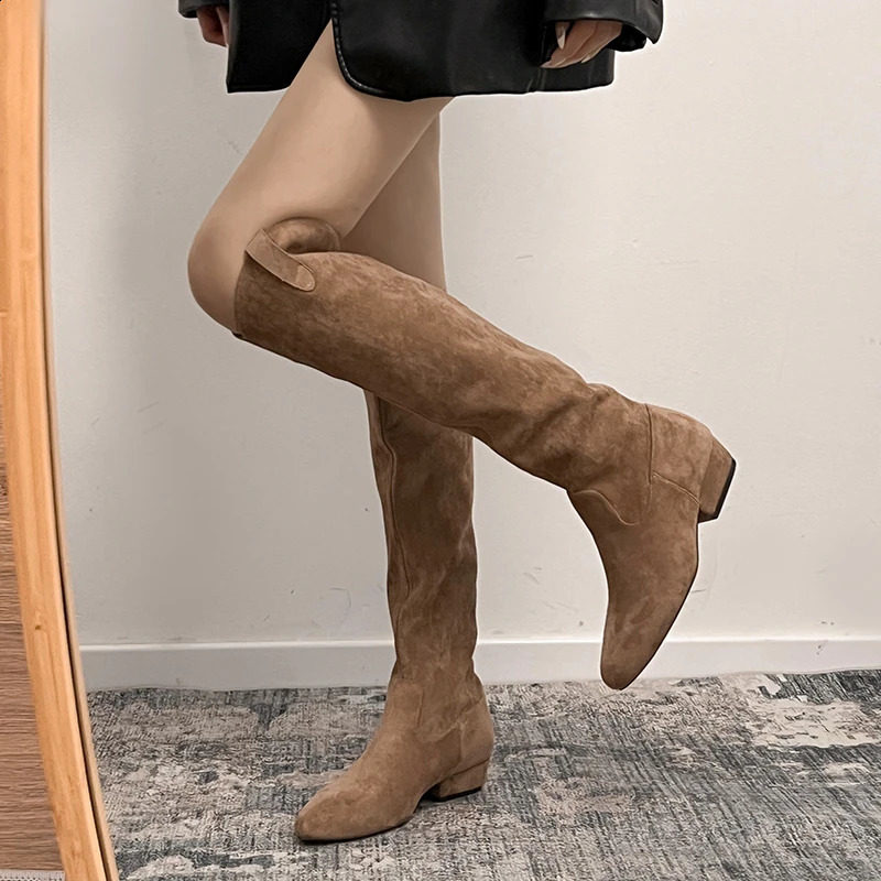 2025 Suede Women Knee High Boots Fashion Slip On Flats Shoes Ladies Concise Slim Long Botas De Mujer 241226