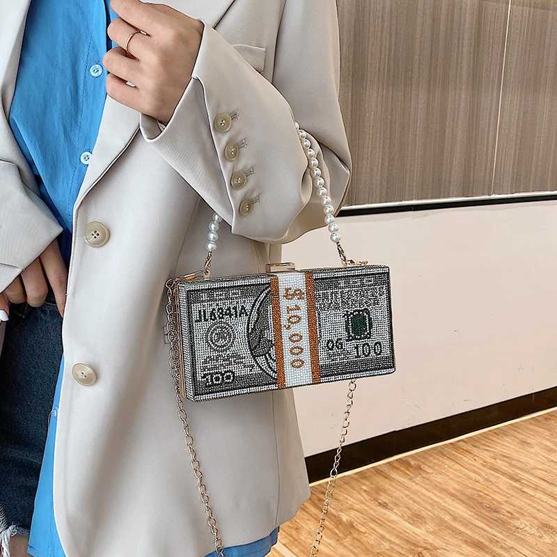 High Quality Luxury rhinestone pearl chain evening bag womens clutch wallet small square box dollar pattern casual shoulder messenger bag T241225