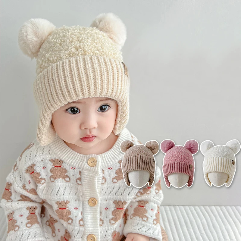 Cute Plush Ball Baby Earmuffs Cap Winter Warm Kids Ear Protection Hat Thicken Velvet Children Ski Bonnet 636M Toddler Beanies 241225