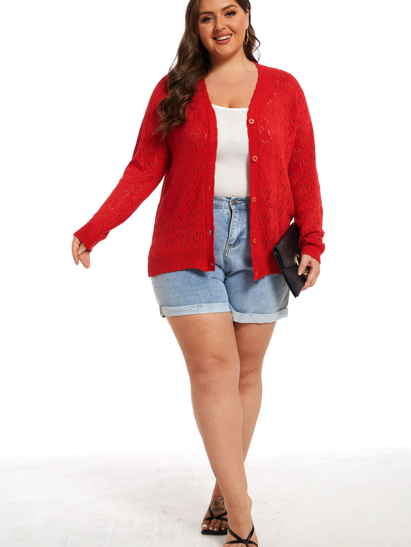 Plus Size Heart Print Long Sleeve Cardigan Womens Slight Stretch Casual Sweater 241225