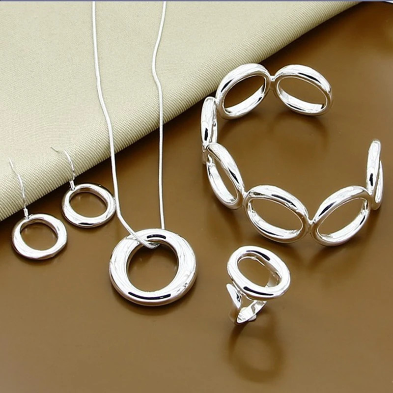 Jewelry Sets 925 Silver Fashion Simple Round Open Bangles Necklace Earrings Rings Set Top Quality 241226