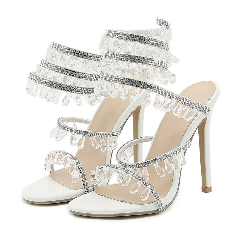 New Design Crystal Gemstone Pendant Slip-On Ankle Strap Sandals Women Wedding Prom Shoes Sexy Open Toe Club Stripper Heels