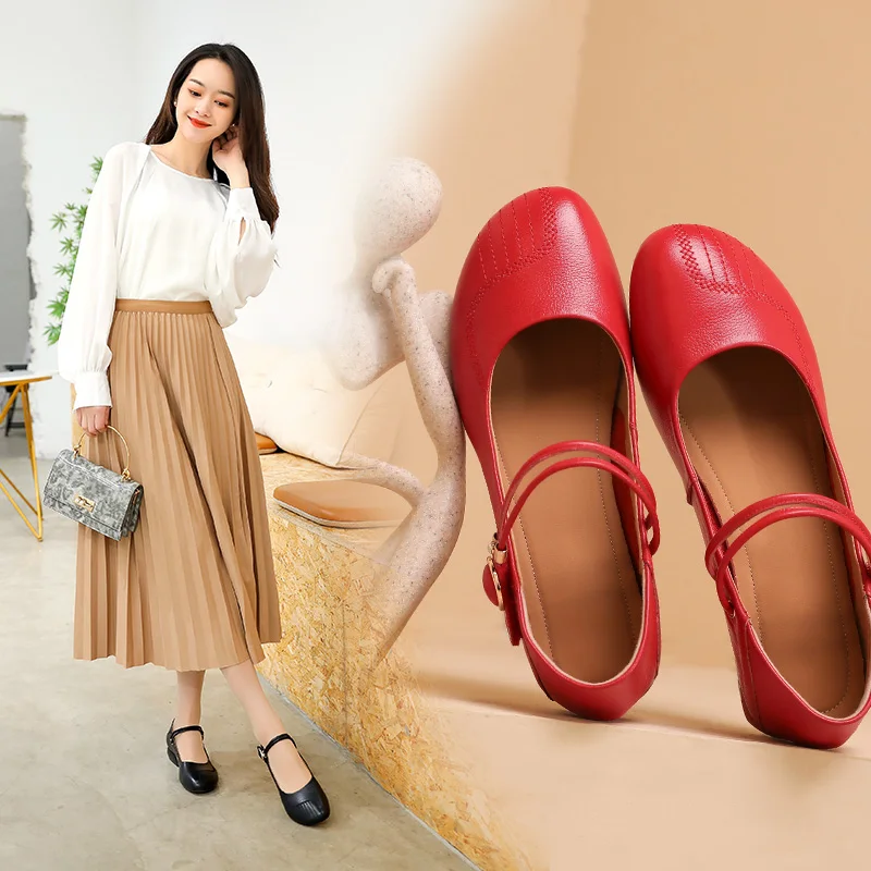 AIYUQI Women's Mary Jane Shoes Genuine Leather Red Spring Shoes Women Large Size Ladies Shoes