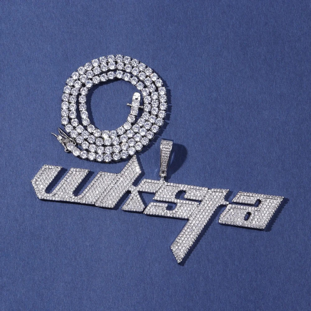 Custom Italics Word Pendant Chain Personalized Cubic Zircon Diamond Name Necklace Sporty Style Hip Hop Jewelry Gift For Him Her 241226