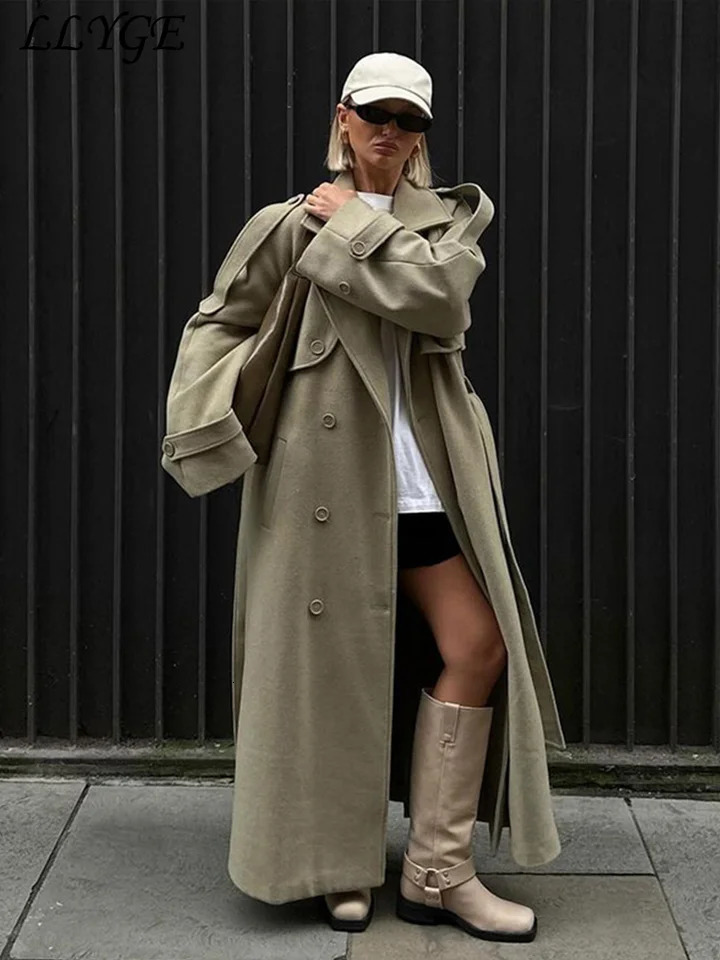 Elegant Womens Woolen Overcoat With Belt Street Lapel Double Breasted Full Sleeve Long Coat 2024 Autumn Lady Loose Outwear 241225