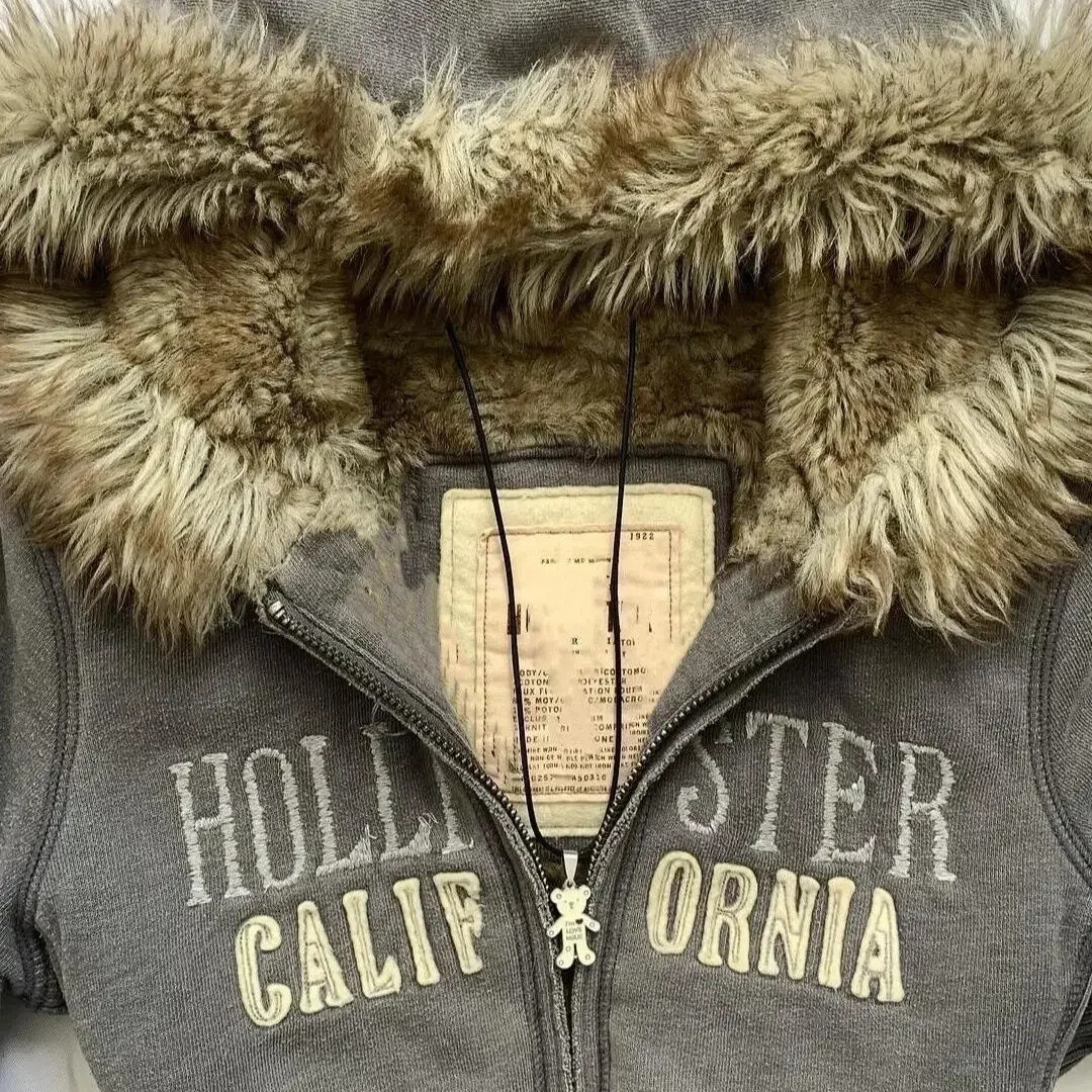 Y2K Gothic Fur Collar Hoodie Zipper Jacket Harajuku Alphabet Pattern Embroidered Ultra Thin Hoodie Autumn Girls Jacket Sportswear 241225