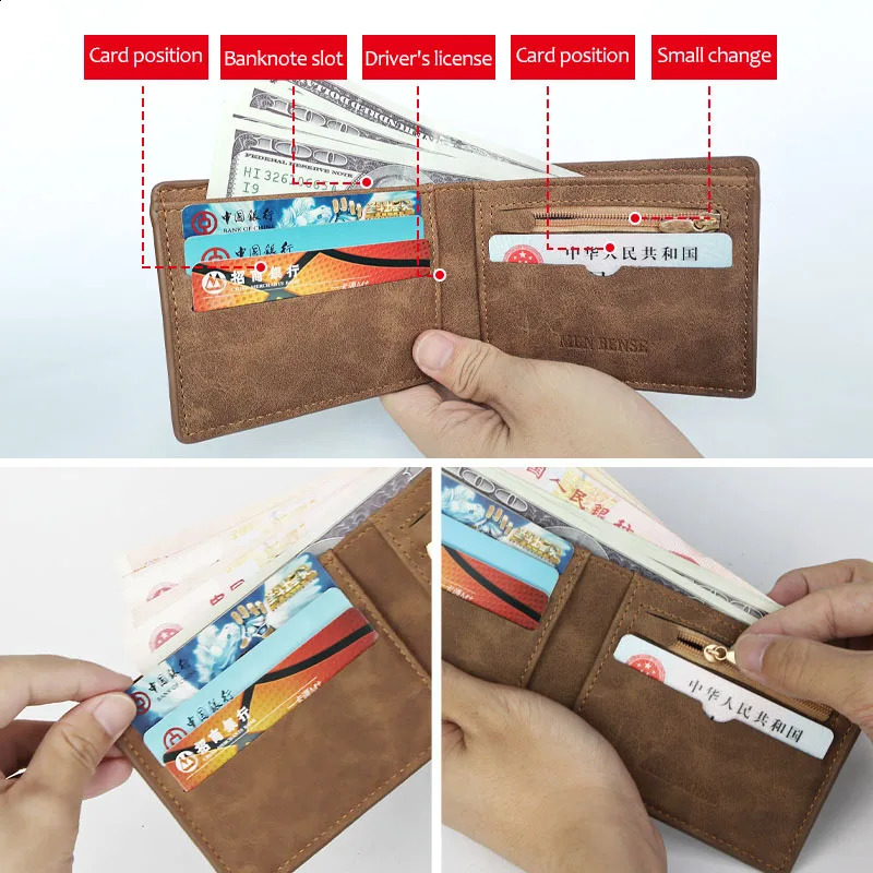 Retro Men Leather Wallets Small Money Purses Dollar Price Top Men Thin Wallet With Coin Bag Zipper 241224