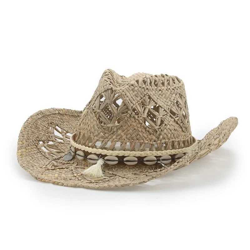 Spring and Summer Handmade Knitted Rolling Brim Cowboy Hat Western Beach Sun Hat Party C Hollow Ethnic Style Jazz Hat W241225