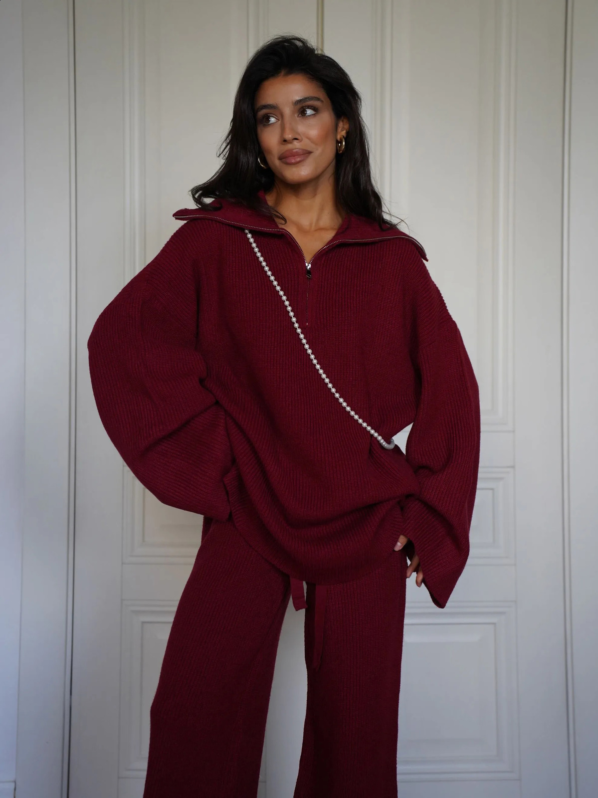 Woolen Suit Solid Color Half Zip Top Two Piece Set Of Elastic Waisted Pants Fashionable Autumn And Winter Womens Clothing 241224
