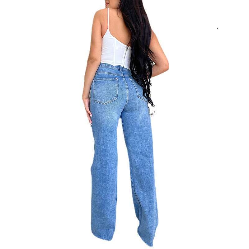 Women Jeans Wide Leg Pants Denim Waist Zipper Fly Washing Holes Pockets High Street Ankle Length Flash Spring