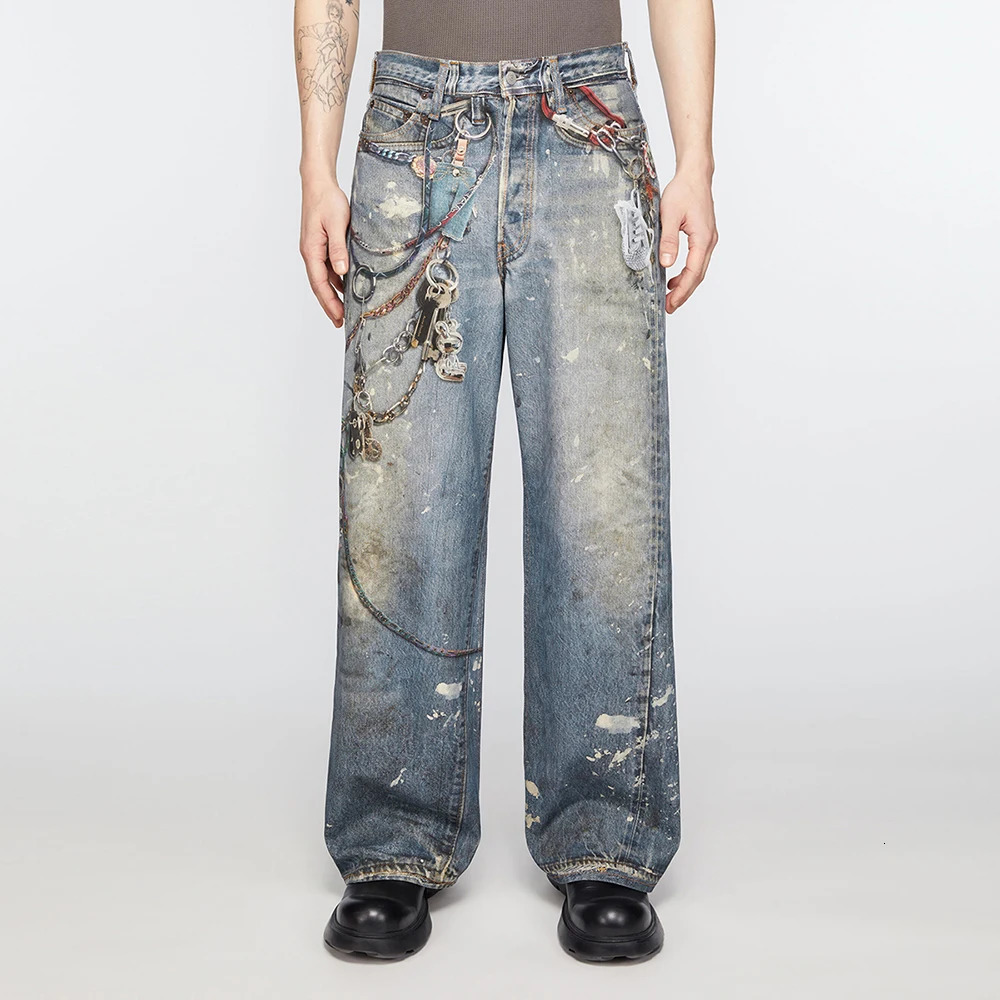 High Street Chain Print Frayed Washed Baggy Jeans for Men and Women Y2k Casual Loose Denim Trousers Ropa Hombre Casual Pants 241225