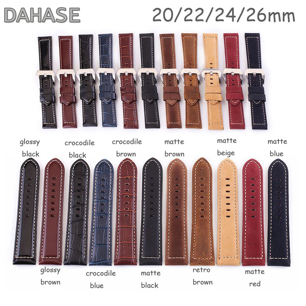 11Colors Glossy Matte Genuine Leather Watch Band 20mm 22mm 24mm 26mm Replacement Watch Strap Cowhide Leather Wristband 241225