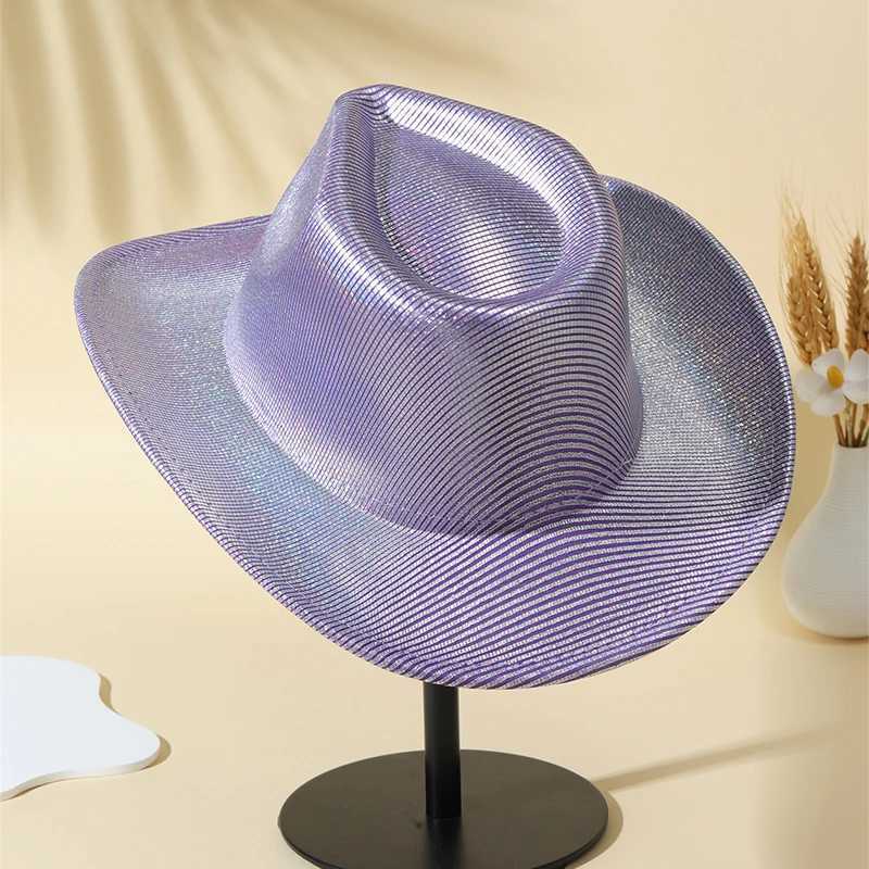 New Womens Purple Cowboy Hat Western Fedora Hat Womens Fashion Striped Cowboy Girl Hat Pink Party Jazz Hat Church Wedding Fedoras W241225