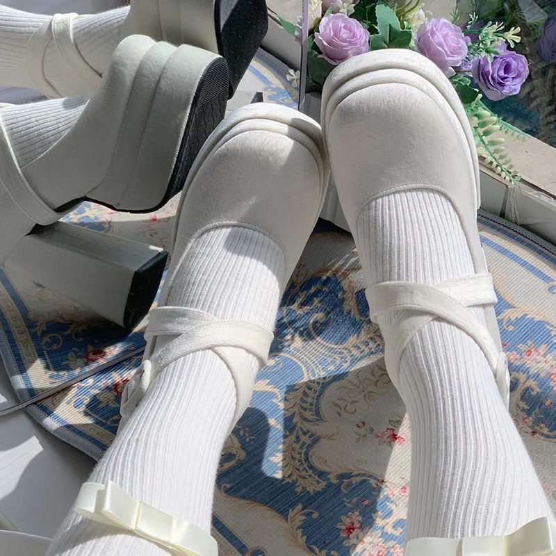 White High Heels Mary Jane Lolita Shoes Women Y2K Chunky Platform Thick Heeled Pumps Woman Diy Ankle Straps Cosplay Shoes 241225