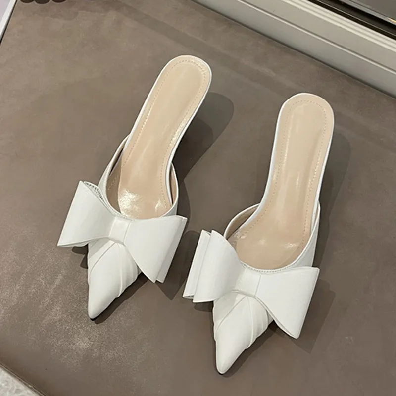 2025 New Liyke 2024 New Fashion Pink Rhie Butterfly-Knot Women Pumps Slippers Sandals Pointed Toe Low Thin Heels Mules Female Shoes