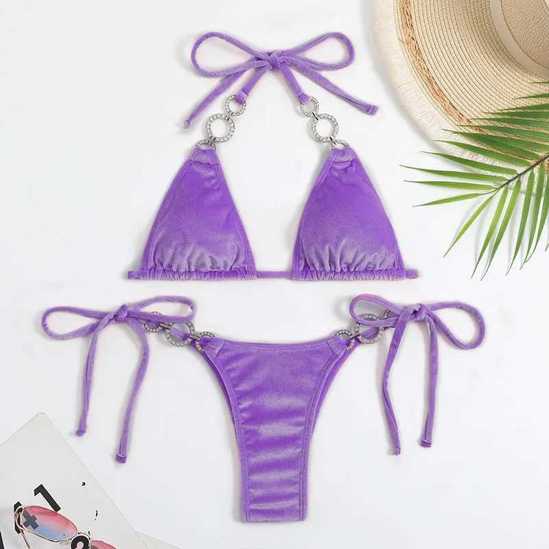Purple velvet swimsuit sexy suspender triangle bikini set strapless mini thong swimsuit womens Biquini bikini swimsuit setW241225
