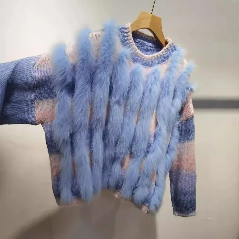 Autumn Women Loose Knitted Pullover Sweater With Real Natural Fox Fur O-neck Plus Size Long Sleeves Knitting Sweaters 241224