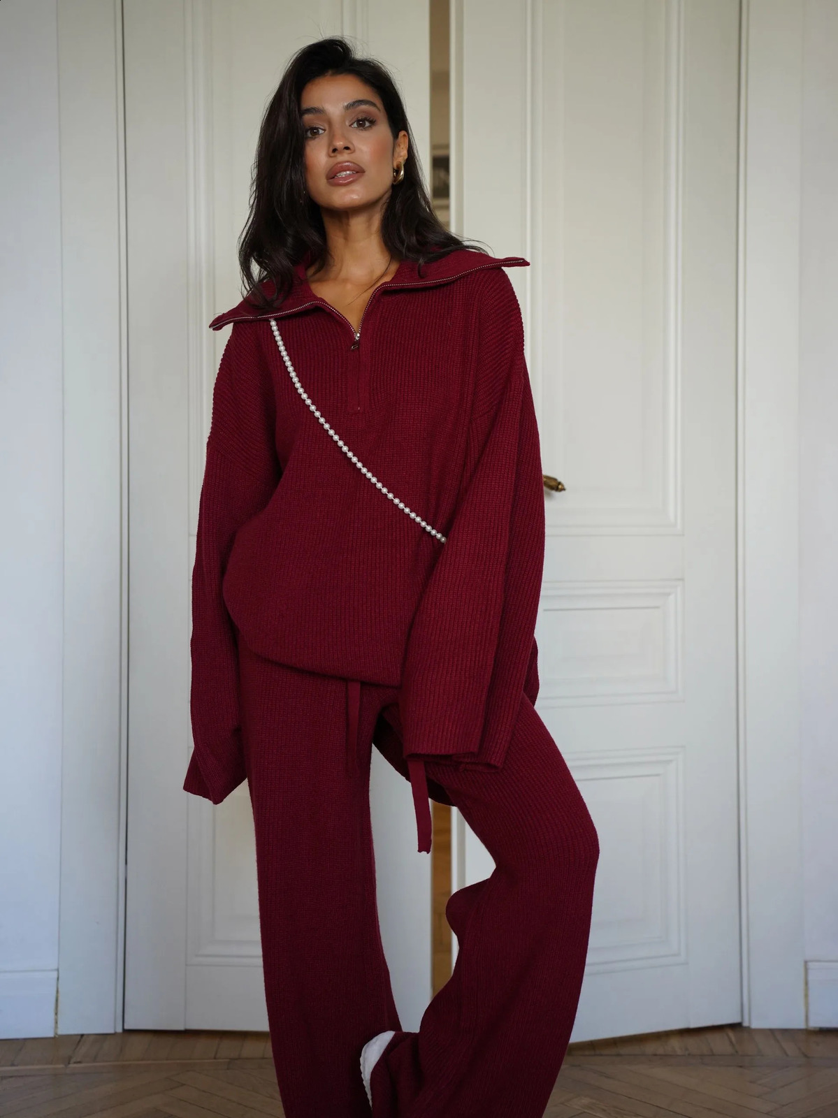 Woolen Suit Solid Color Half Zip Top Two Piece Set Of Elastic Waisted Pants Fashionable Autumn And Winter Womens Clothing 241224