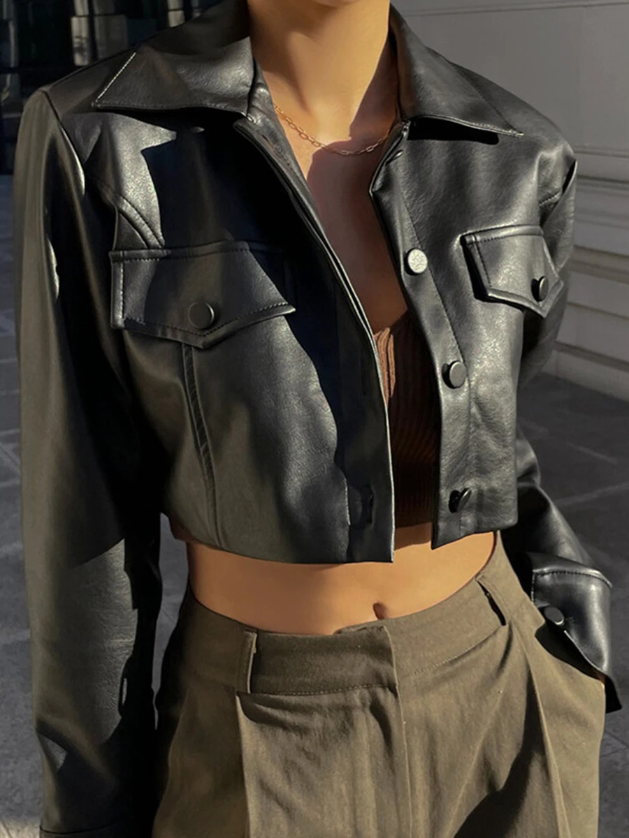 Womens y2k Black Faux Leather Crop Jacket Retro Long Sleeve Button Down Lapel Cropped Jacket with Pocket Casual Coat Streetwear 241226