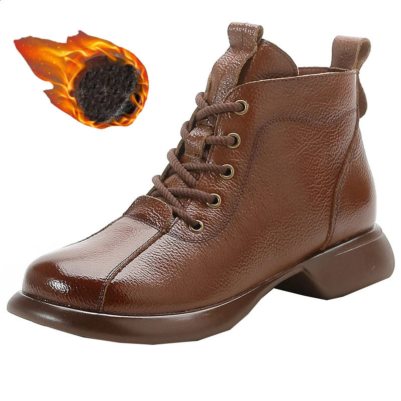 Handmade real leather boots womens autumn waterproof shoes ladies lace up oxfords woman wide toe ankle boots mom plush booties 241226