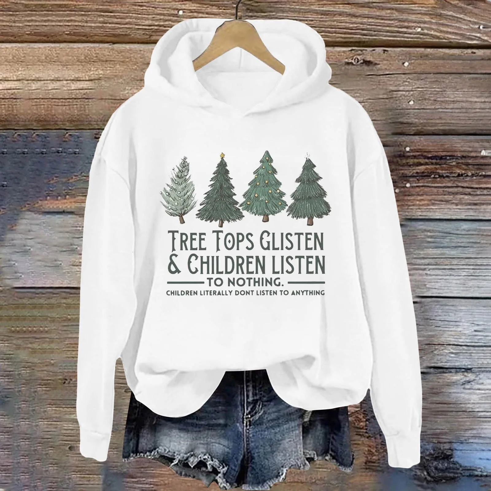 Christmas Tree Printed Sweatshirt Long Sleeve Casual Hoodies Loose Fit Graphic Hooded Pullover 241225