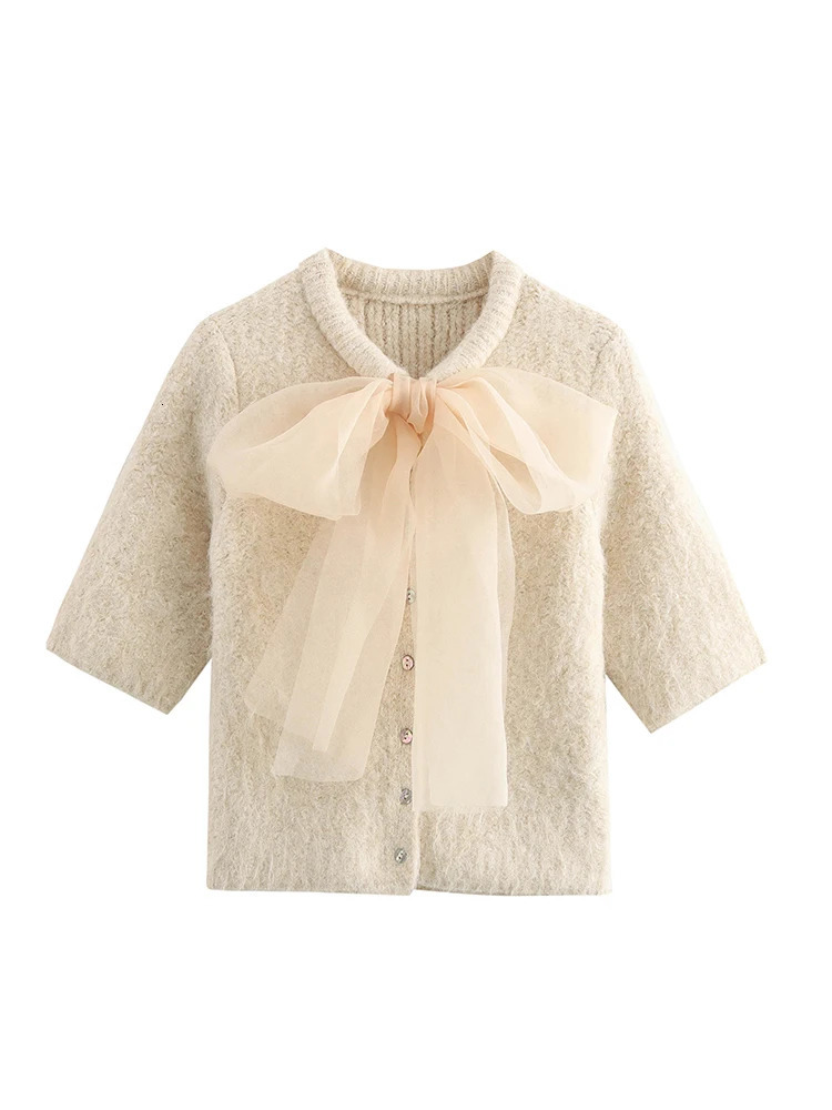 Fluffy Knitted Cardigan Women Big Lace Bow Single Breasted Oneck Female Sweater 2024 Autumn Winter Fashion Loose Lady Knitwear 241225