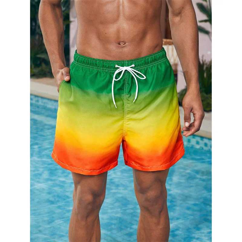 Gradient colored block graphic beach shorts mens colored 3D printed board shorts casual breathable shorts loose swimming trunks W241226