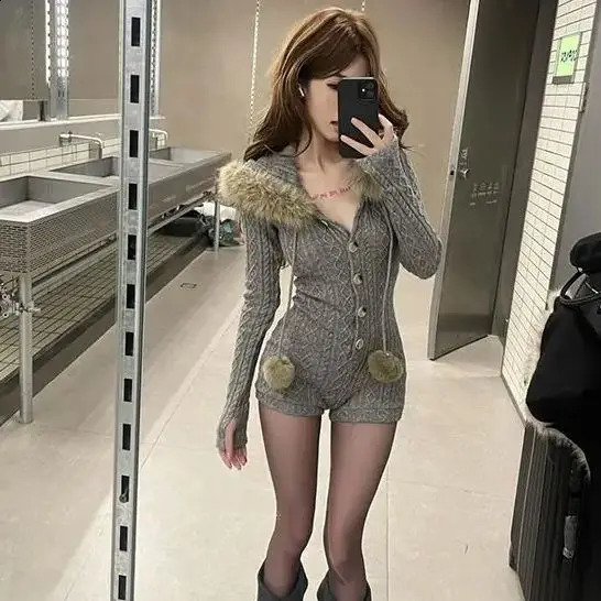 Jumpsuit Women Winter Versatile Fashionable Soft Lazy Slim Hooded Small Fur Collar Ins 241224