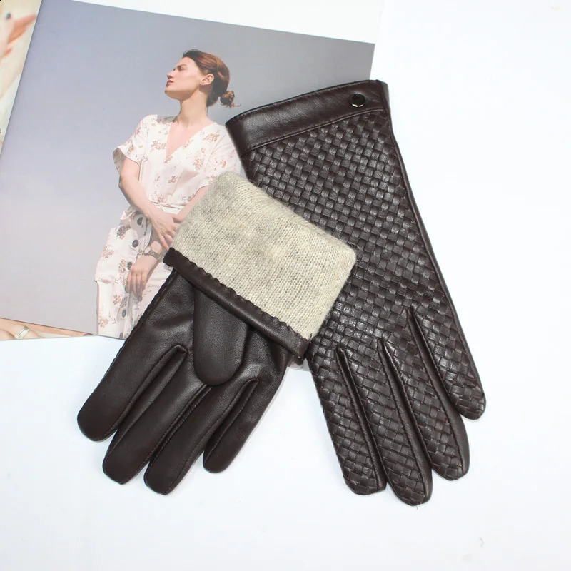Womens Sheepskin Gloves Touch Screen Leather Fashion Sheepskin Woven Warm Wool Knitted Lining Driving Gloves High end 241226