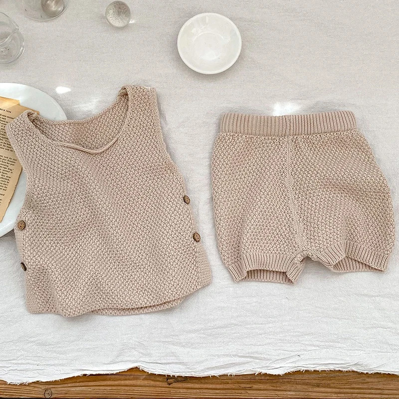 Infant Striped Knitwear Clothing Suit Toddler Child Fashion Baby Girl Boy Knitted Clothes Set VestShorts 2PCS Short Sleeve 241225