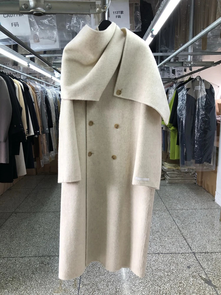 Elegant Big Scarf Collar Double Breasted Wool Coat Women Loose Korean Fashion Cashmere Winter Jacket 241225