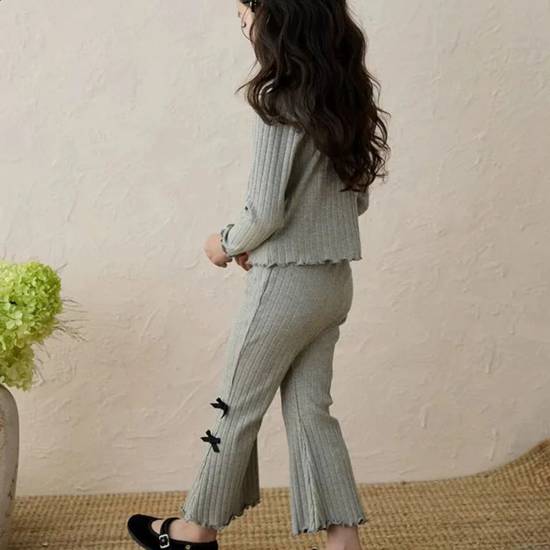 Spring Girls Clothes Sets Cotton Long Sleeve Knitted Cardigan Wide Leg Pants Suits Kids Casual Outfits Childrens 241225