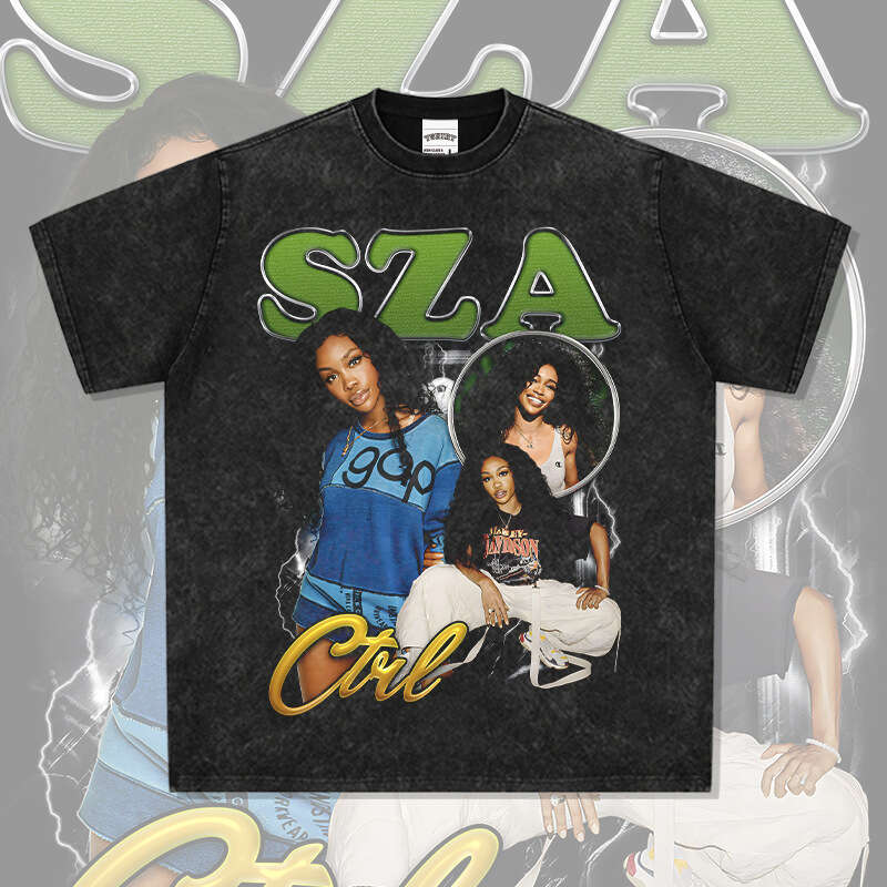 American style new Shisha SZA printed short sleeved T-shirt, washed and worn pure cotton round neck hooded sweatshirt