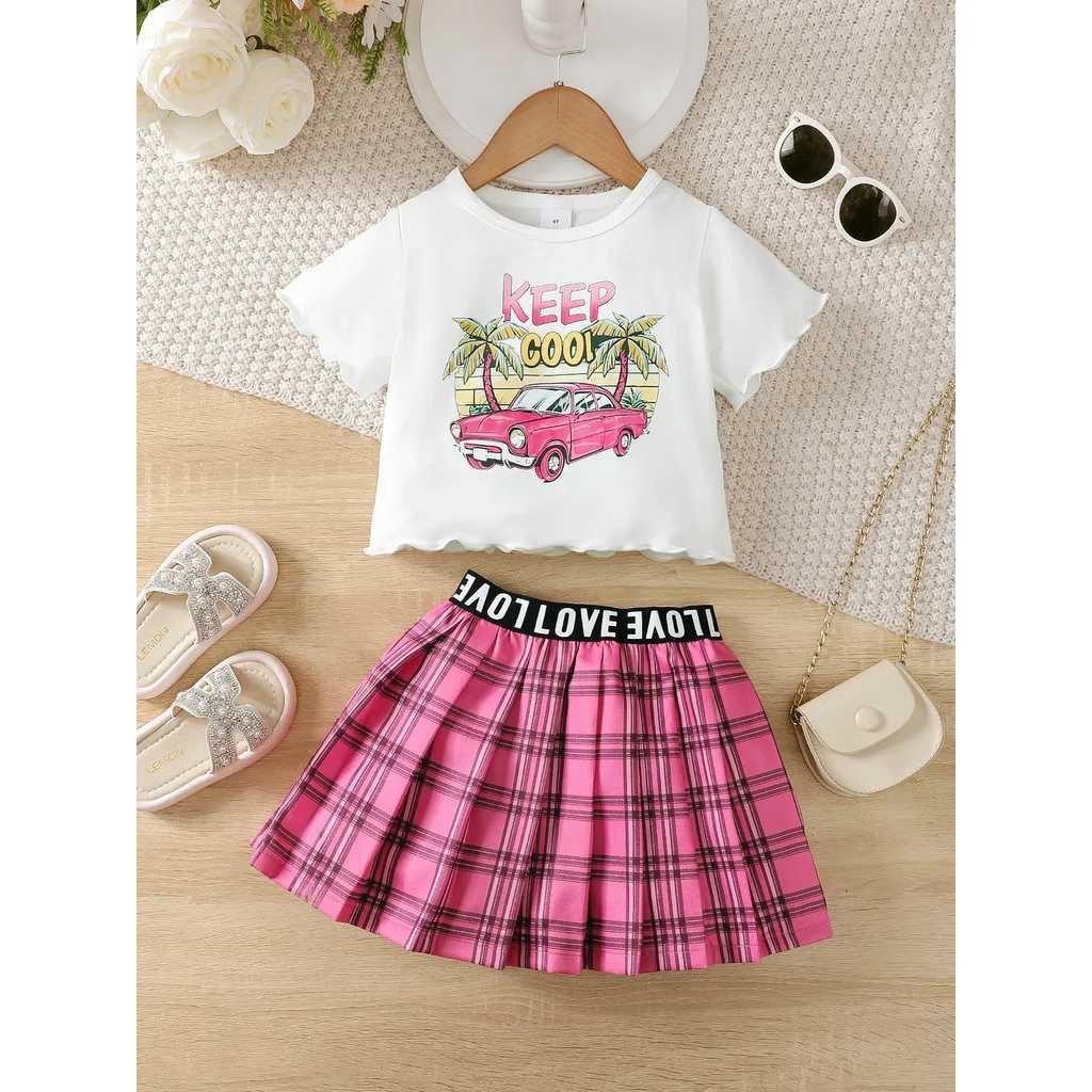 Clothing Sets 2PCS Summer Child Girls Set Cartoon Pattern Short Sleeves T-shirt+Plaid Folding Skirt Fashion Clothing For Kids Girls 4-7 YearsY241225OP